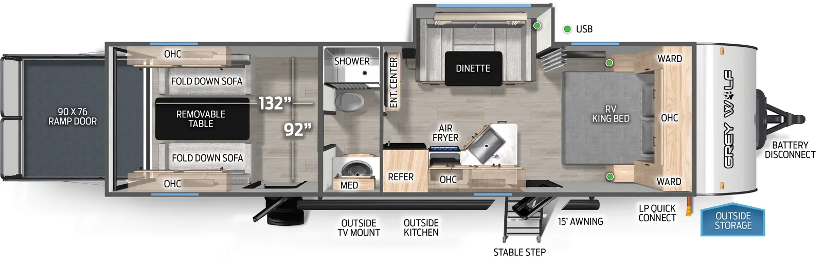 The Grey Wolf 27RR floorplan is a toy hauler that has two entries and one slide out. Exterior features include: metal exterior, 15' awning and outside kitchen. Interiors features include: u-dinette, front bedroom and pass through bathroom.